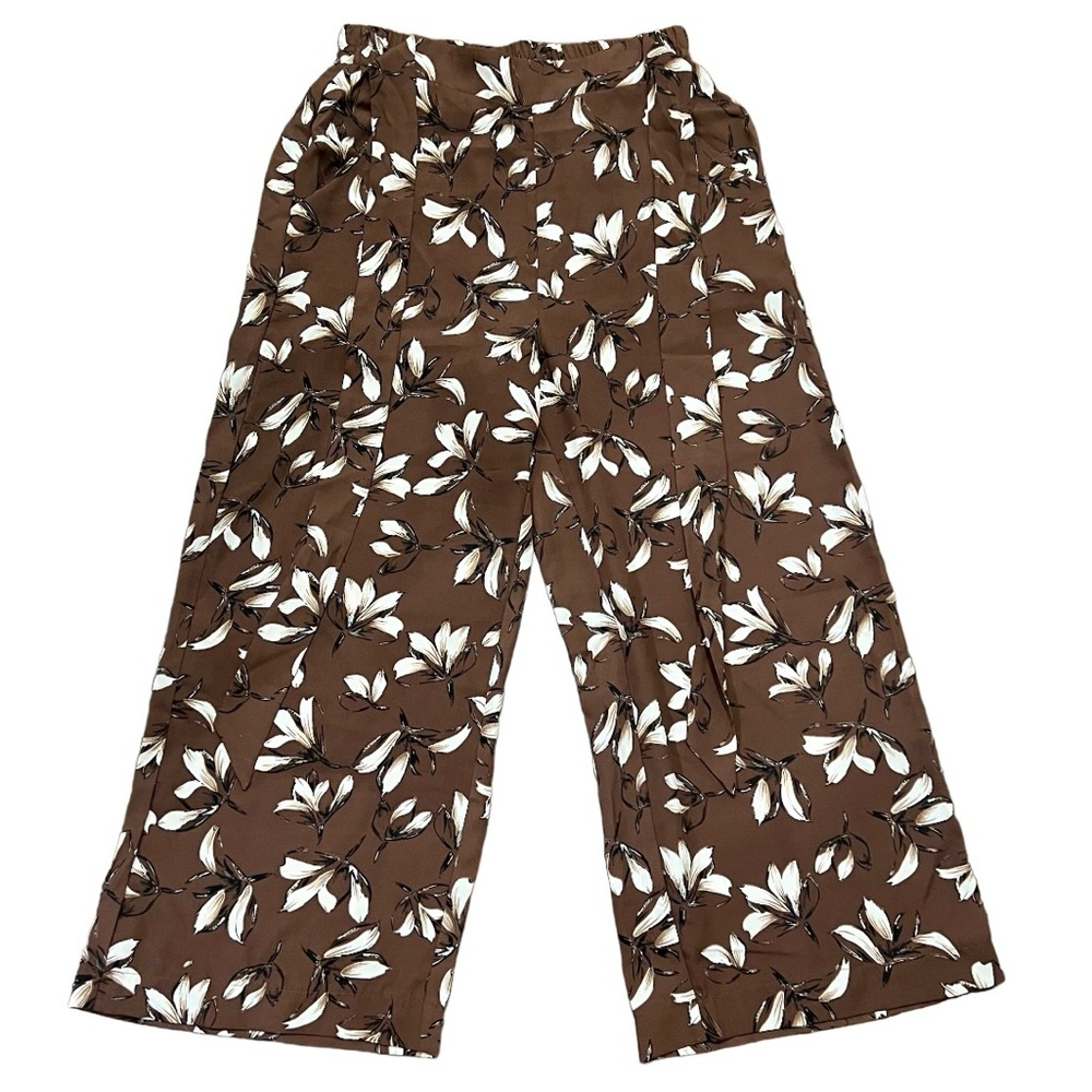 Sienna Sky Brown Floral High Rise Wide Leg Tie Waist Cropped Pants Size Small